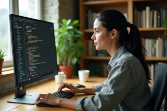 Développeuse web tapant du code HTML sur un écran d'ordinateur dans un bureau à domicile chaleureux