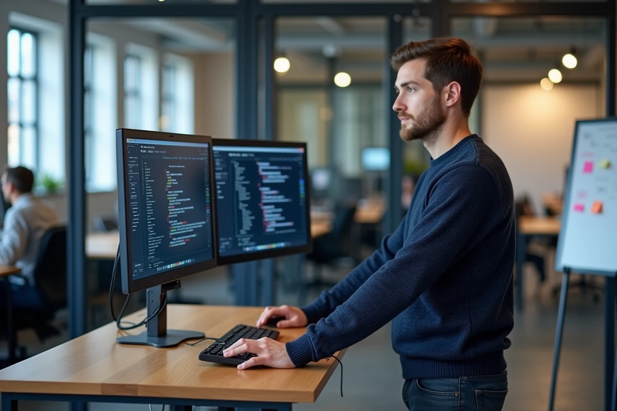 Développeur web analysant des portfolios d'agences web en comparaison sur deux écrans dans un espace de coworking