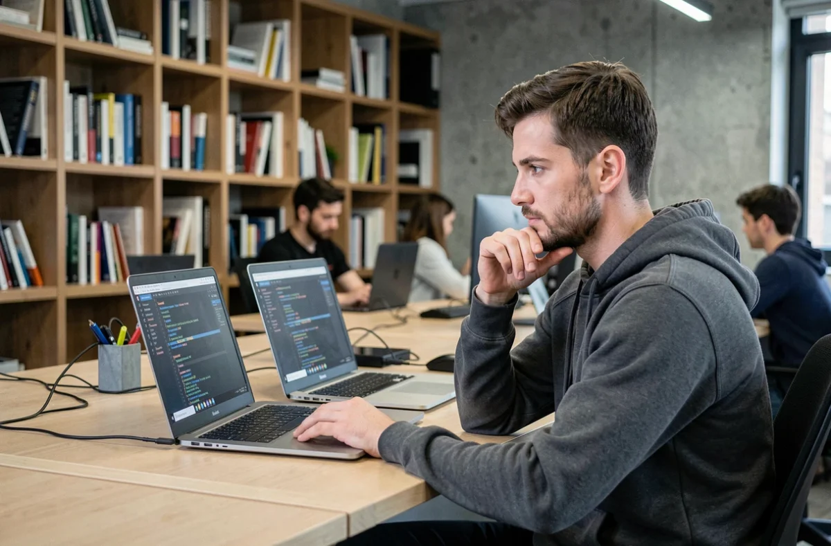 Développeur comparant deux solutions logicielles sur écrans d'ordinateur dans un bureau moderne