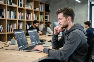 Développeur comparant deux solutions logicielles sur écrans d'ordinateur dans un bureau moderne