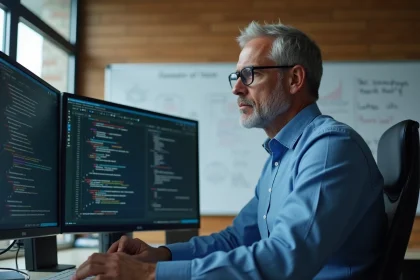 Homme developpeur en analyse de code legacy en bureau moderne