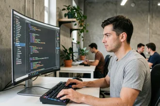 Développeur Python concentré analysant des boucles de code sur un grand écran dans un bureau moderne