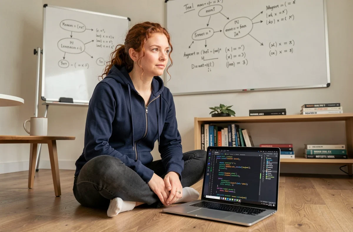 Développeuse Python travaillant depuis chez elle sur l'optimisation de scripts et de boucles dans un IDE sombre