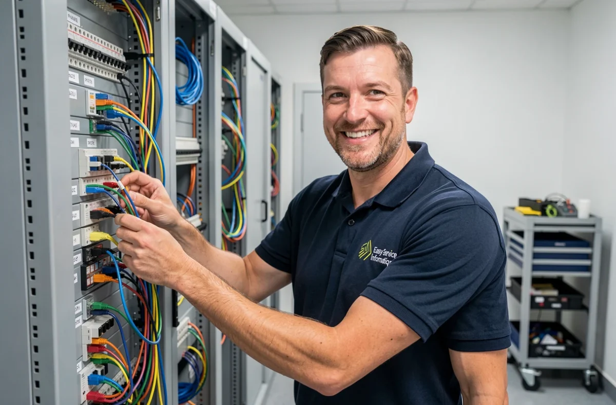 Technicien informatique d'Easy Service Informatique câblant des équipements réseau dans une salle serveur