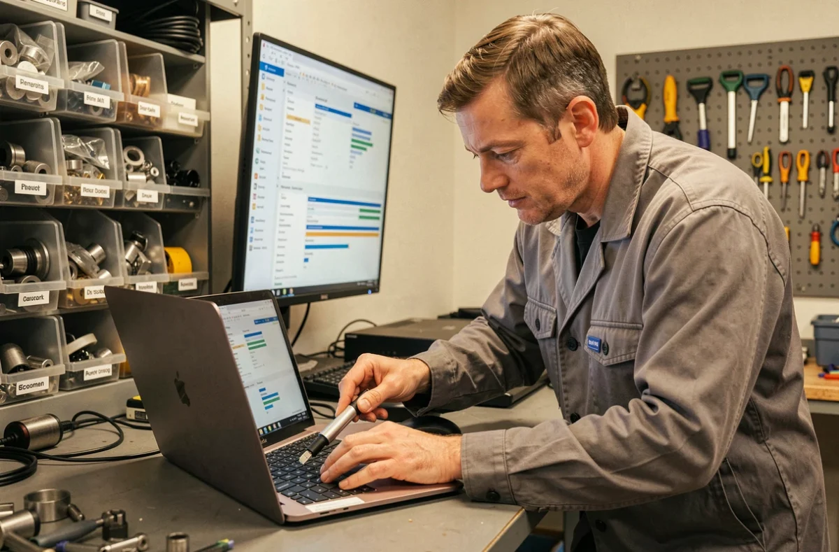 Technicien d'EC33 Informatique connectant un outil de diagnostic USB à un ordinateur portable en atelier