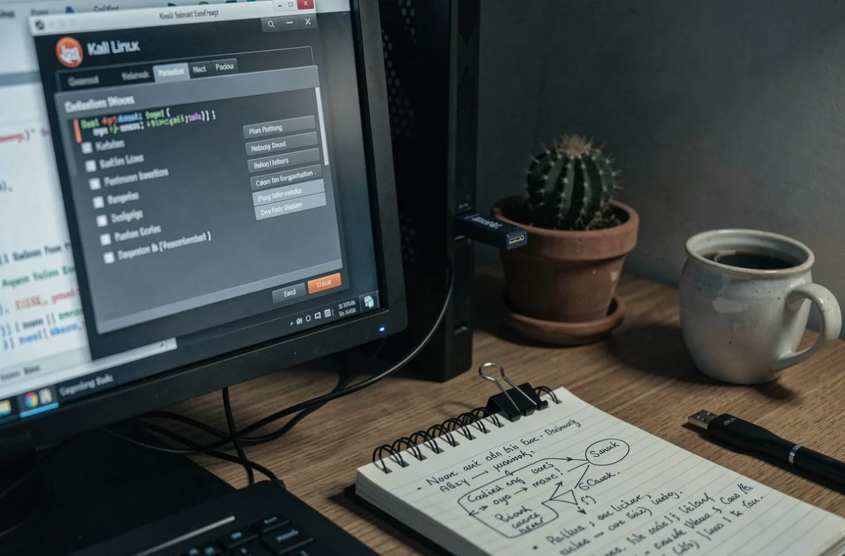 Écran d'installation de Kali Linux avec clé USB et notes manuscrites sur un bureau de travail