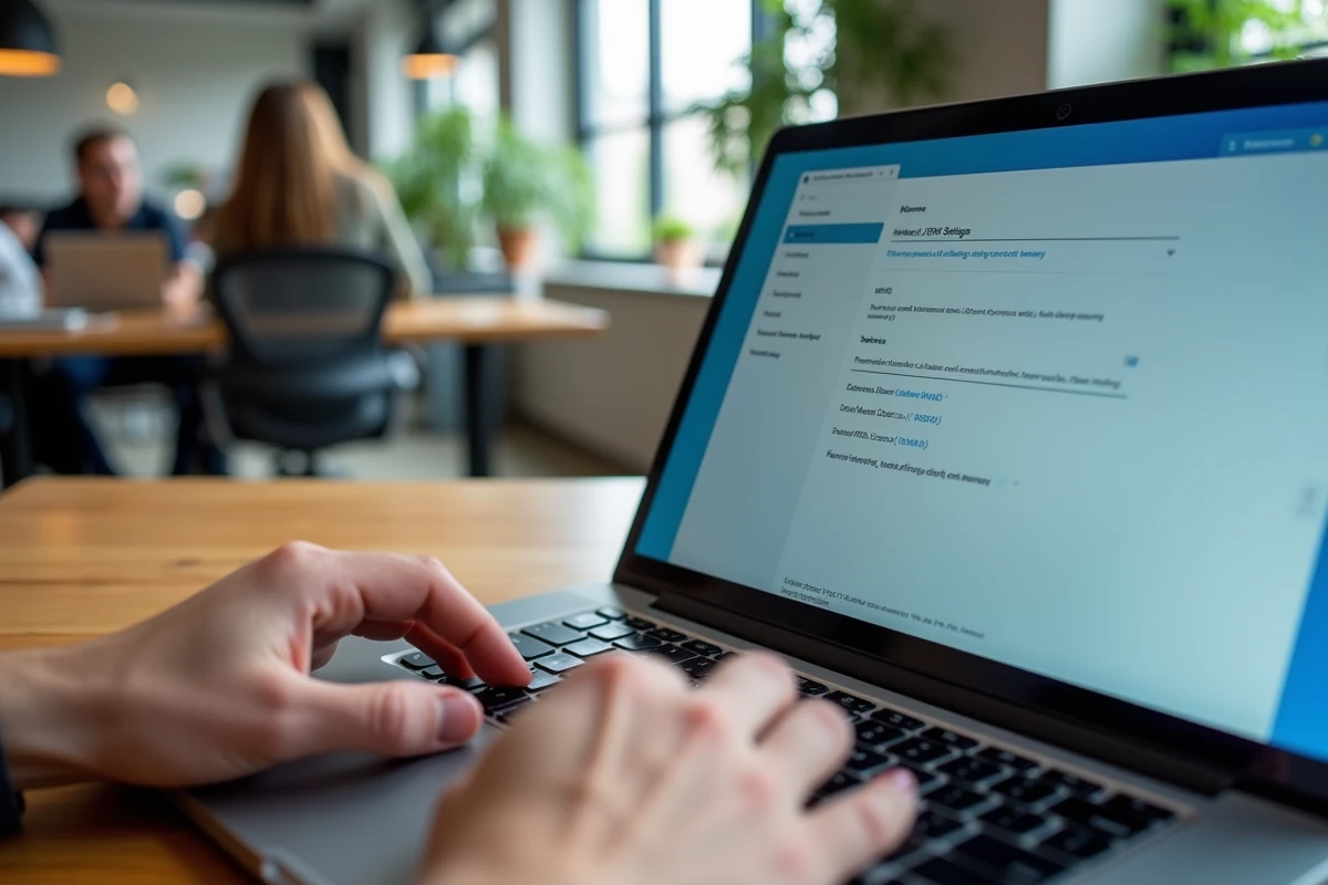 Écran d'ordinateur portable affichant la configuration des paramètres réseau IPv4 sous Windows dans un espace de coworking