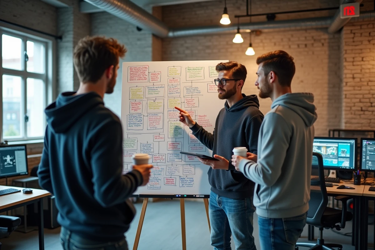 Équipe de développement de jeu discutant d'un GDD sur un tableau blanc dans un studio de jeu vidéo