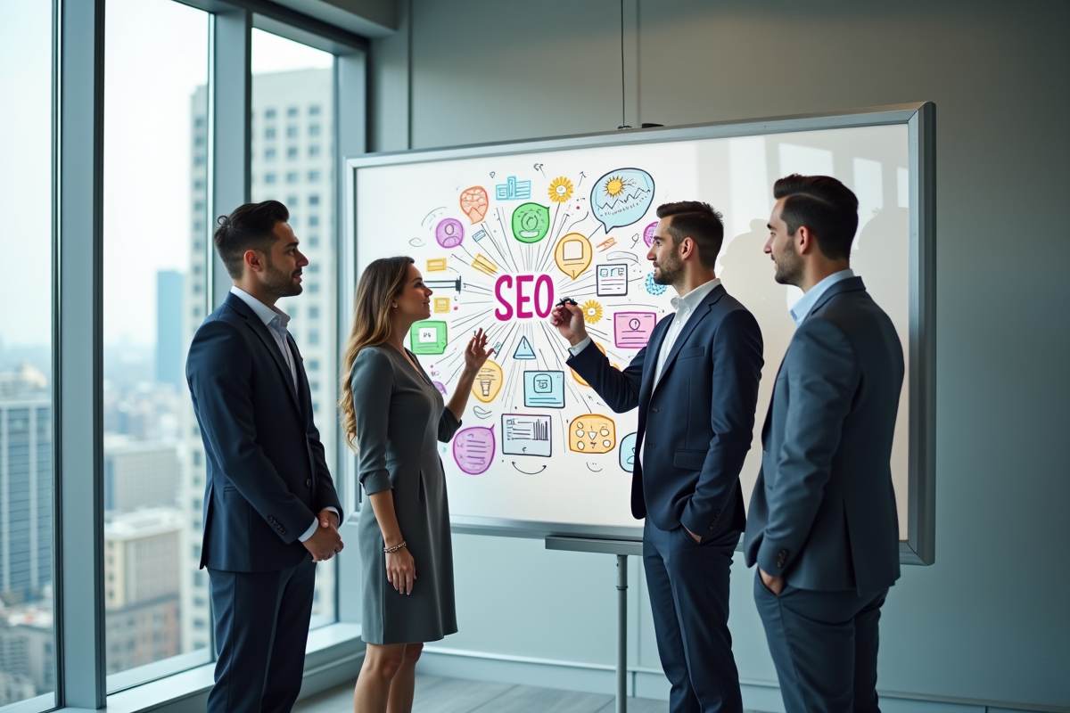 Groupe diversifié en réunion élaborant une stratégie SEO sur un tableau blanc