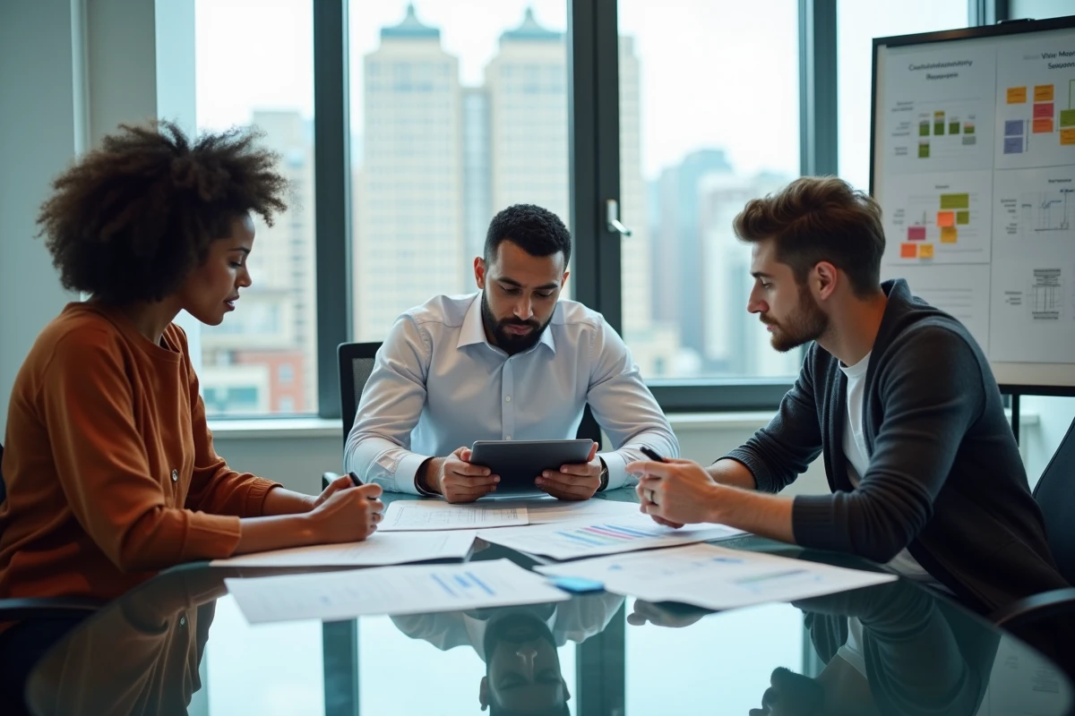 Équipe pluridisciplinaire collaborant autour d'une stratégie de transformation digitale et d'expertise multimédia en salle de réunion