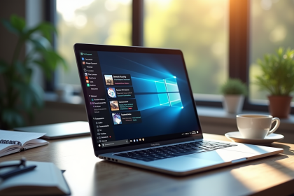 Espace de travail moderne avec un ordinateur portable lumineux