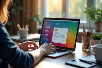 Espace de travail professionnel avec ordinateur portable et café