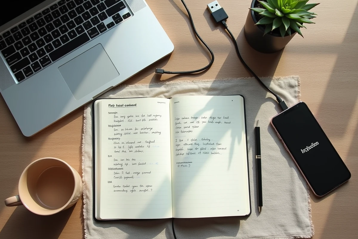 Vue aérienne d'un bureau avec ordinateur portable, notebook et smartphone pour illustrer les étapes de mise en ligne d'un site web