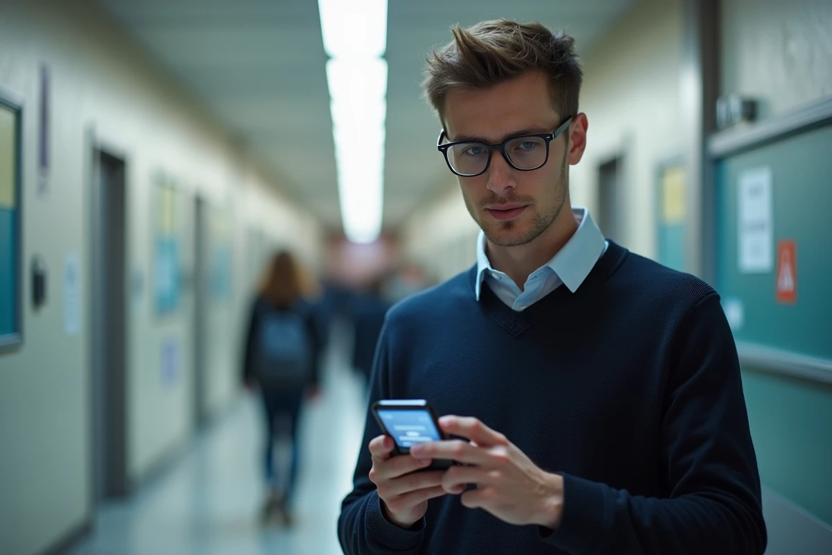 Étudiant consultant sa messagerie académique sur téléphone dans un couloir d'université