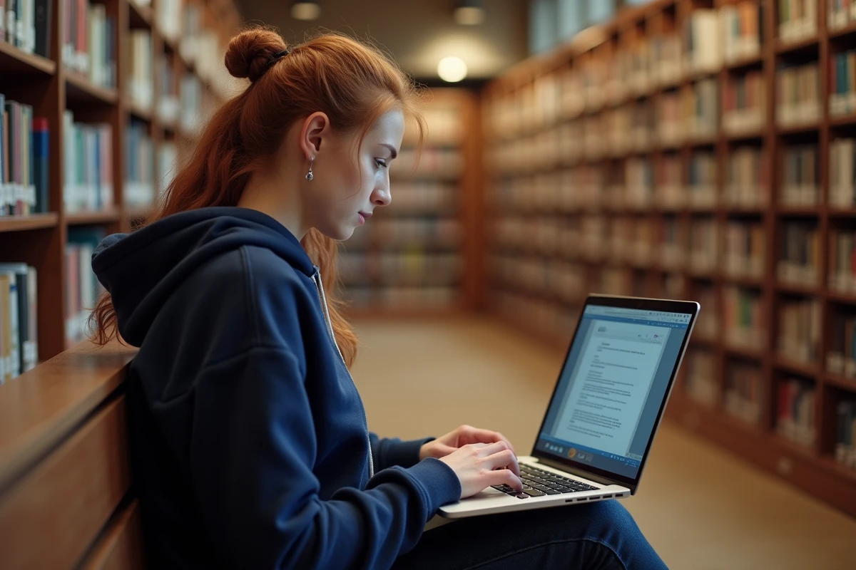 Étudiante en bibliothèque universitaire vérifiant le compteur de mots de son document Word sur un ordinateur portable