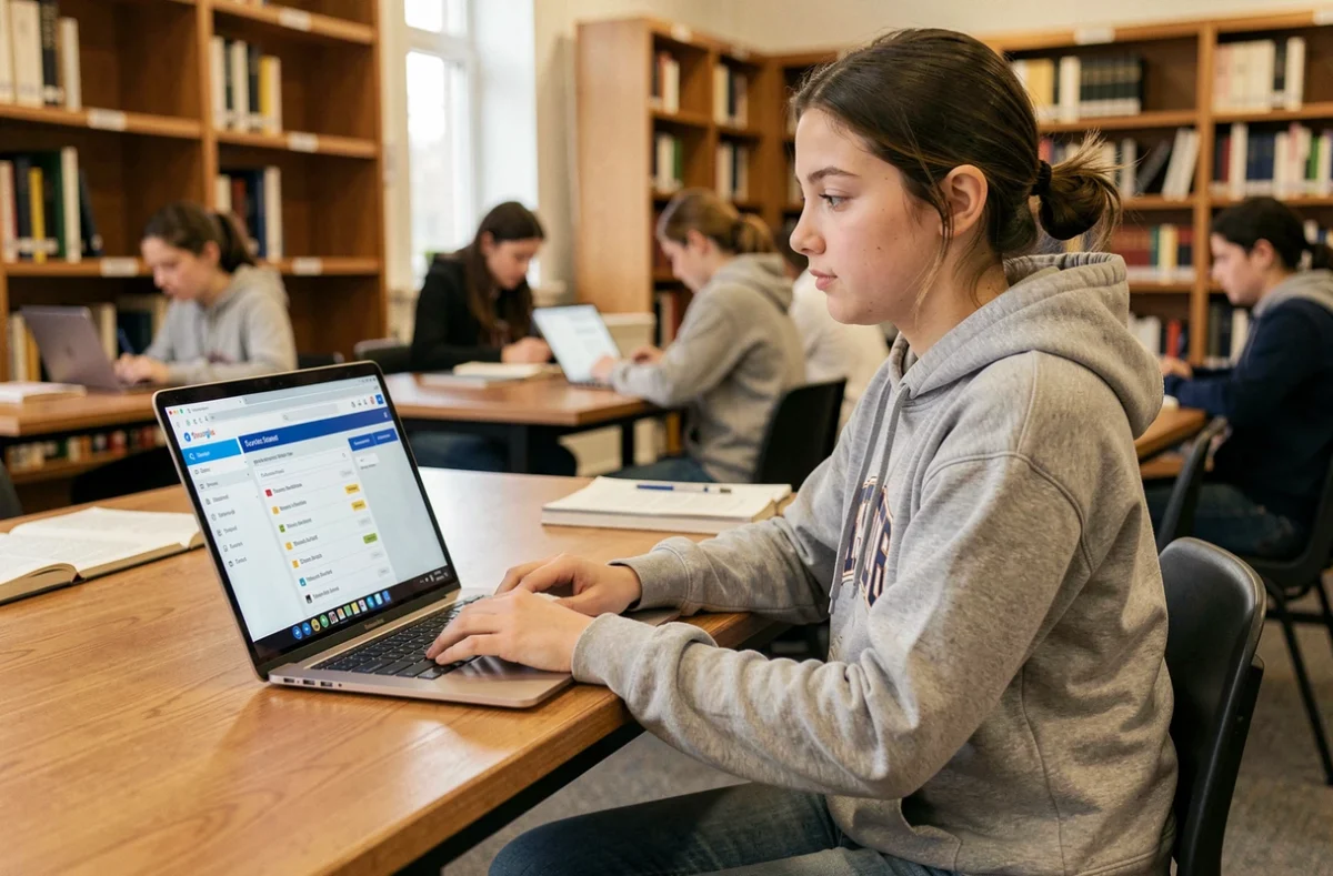 Étudiante de l'Université de Montpellier utilisant l'ENT sur son ordinateur portable dans une bibliothèque universitaire