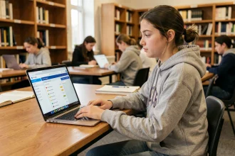 Étudiante de l'Université de Montpellier utilisant l'ENT sur son ordinateur portable dans une bibliothèque universitaire