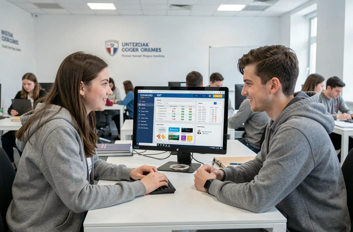 Deux étudiants de Montpellier travaillant ensemble sur l'ENT universitaire dans un espace d'étude moderne
