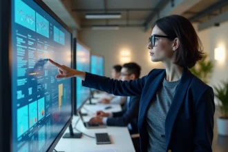 Experte en multimédia présentant des tableaux de bord analytiques sur un écran tactile dans un bureau moderne, illustrant la conversion digitale