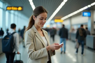 Femme en voyage tenant un AirTag Apple dans un aéroport pour suivre ses bagages