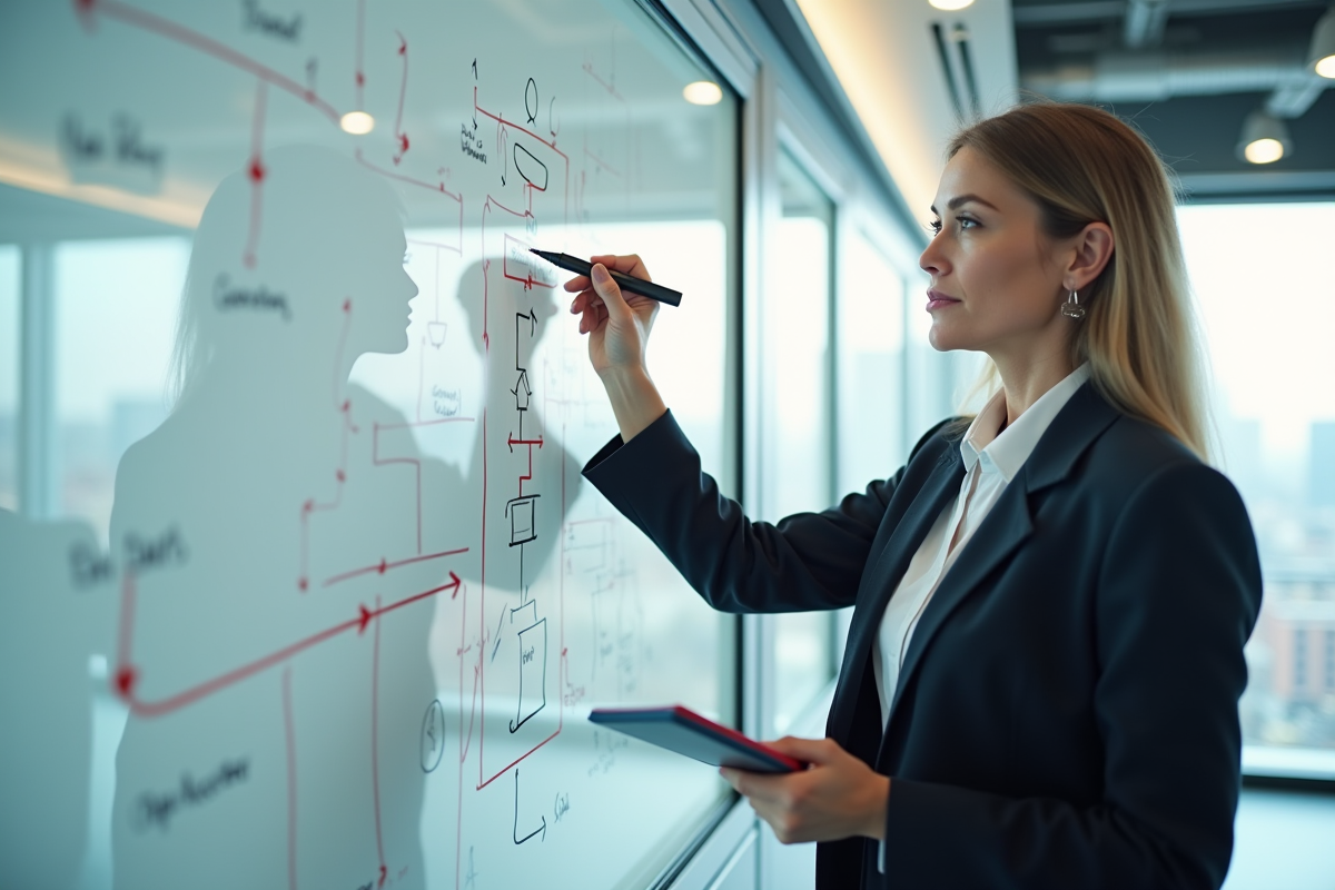 Femme d affaires examinant un whiteboard avec des schémas et flèches