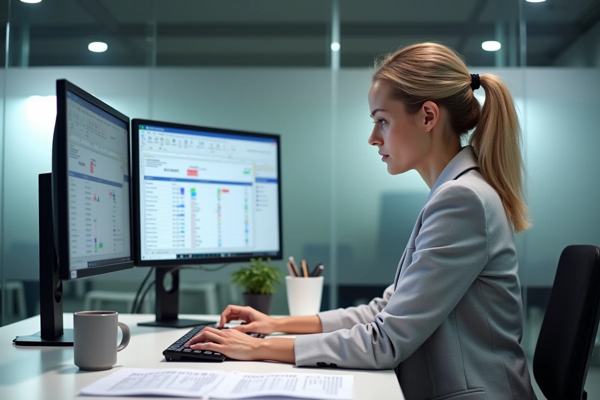 Femme analysant des tableaux croisés dynamiques Excel sur double écran dans un bureau moderne