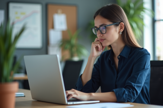 Jeune femme professionnelle analysant des données sur un ordinateur