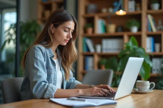 Femme concentrée analysant des données SEO sur son ordinateur