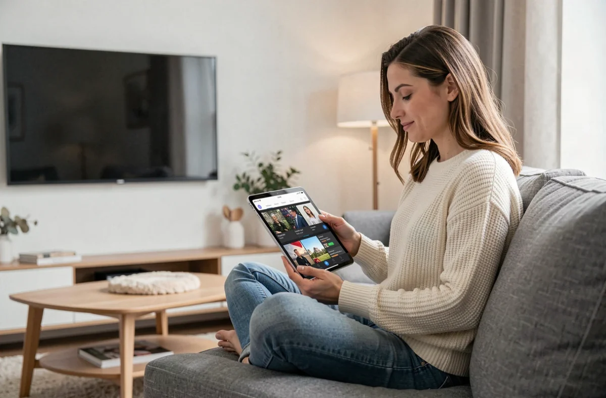 Femme regardant une application de streaming sur tablette dans son salon avec télévision en arrière-plan