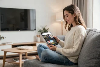 Femme regardant une application de streaming sur tablette dans son salon avec télévision en arrière-plan