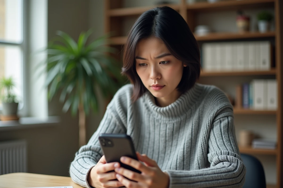 Femme tenant un smartphone Google Pixel et lisant des avis en ligne avec une expression critique