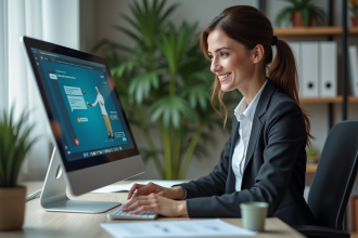Femme d affaires souriante interagissant avec un chatbot au bureau