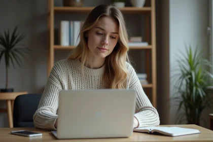 Jeune femme concentrée sur son ordinateur dans un bureau