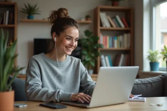 Jeune femme souriante au bureau à domicile