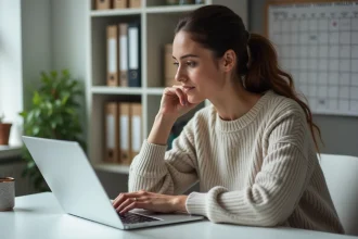 Femme en bureau vérifiant ses réglages de connexion