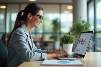 Femme souriante travaillant sur un ordinateur avec graphiques de données