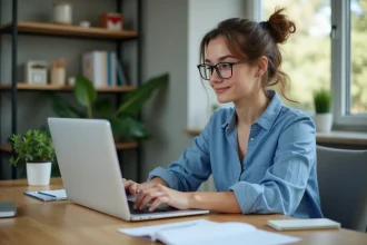 Jeune femme au bureau avec ordinateur portable et Gmail