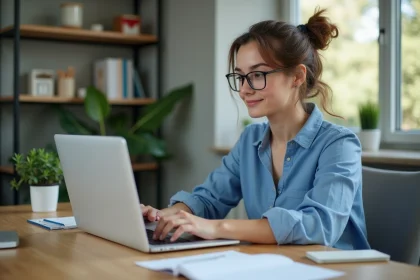 Jeune femme au bureau avec ordinateur portable et Gmail