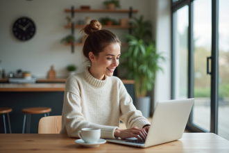 Femme assise à une table en train de travailler sur son ordinateur dans un appartement lumineux