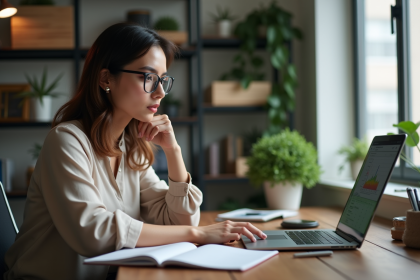 Femme concentrée au bureau travaillant sur un ordinateur