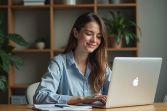Jeune femme au bureau en train de taper sur un ordinateur portable