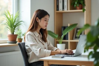 Jeune femme professionnelle travaillant sur son ordinateur dans un bureau lumineux