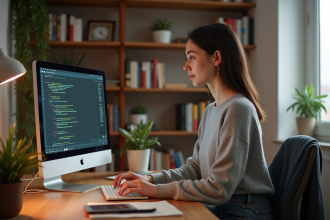 Jeune femme au bureau avec code mongodb sur écran