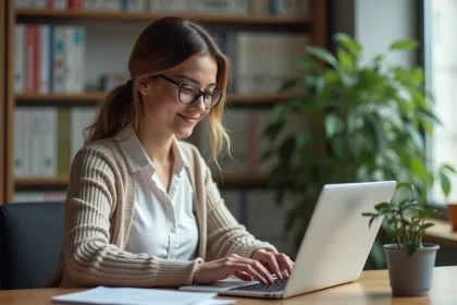 Femme concentrée préparant une présentation dans un bureau moderne