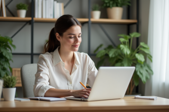 Femme au bureau moderne en pleine concentration