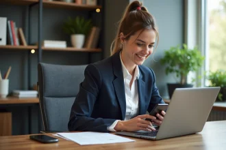 Femme en costume de bureau travaillant sur son ordinateur
