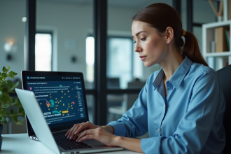 Jeune femme concentrée devant un ordinateur avec réseau digital