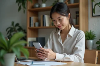 Jeune femme au bureau utilisant son smartphone pour planifier un message WhatsApp