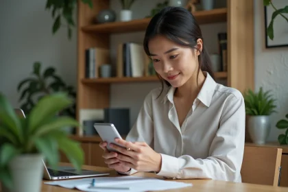 Jeune femme au bureau utilisant son smartphone pour planifier un message WhatsApp