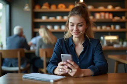 Jeune femme au bureau vérifiant ses emails avec smartphone